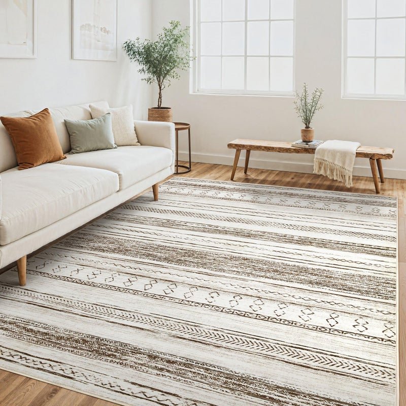 Tortania Area Rug Living Room Rugs - 5x7 Washable Large Soft Neutral Boho Moroccan Bohemian Farmhouse Rug Indoor Floor Carpet for Bedroom Under Dining Table Home Office Decor - Cream Brown - Image 1